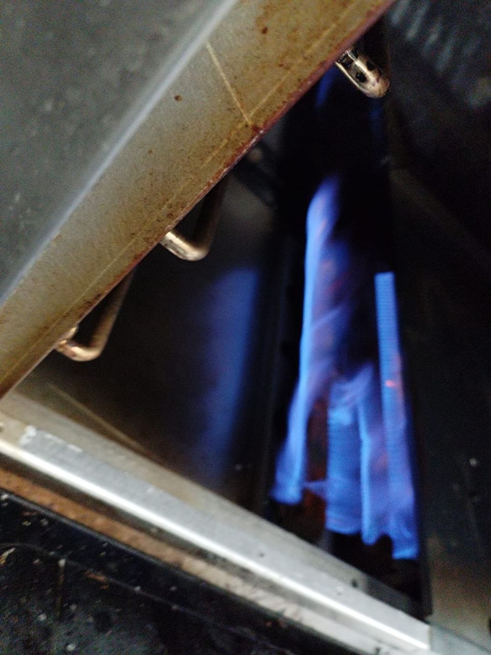 Blue flame at the burner of a gas oven during a burner check